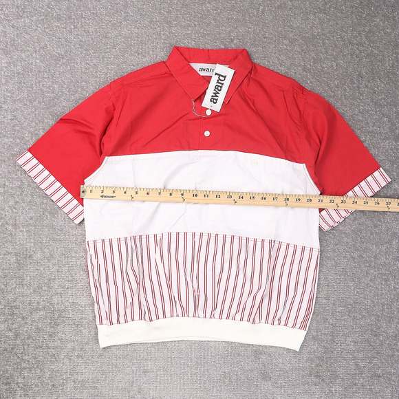 VTG 80s 90s Award Deadstock Medium Red White Striped Short Sleeve Collared Shirt - Picture 4 of 9